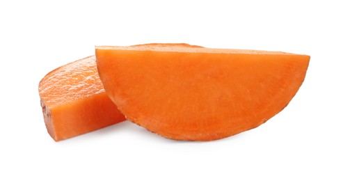 Photo of Pieces of raw sweet potato isolated on white