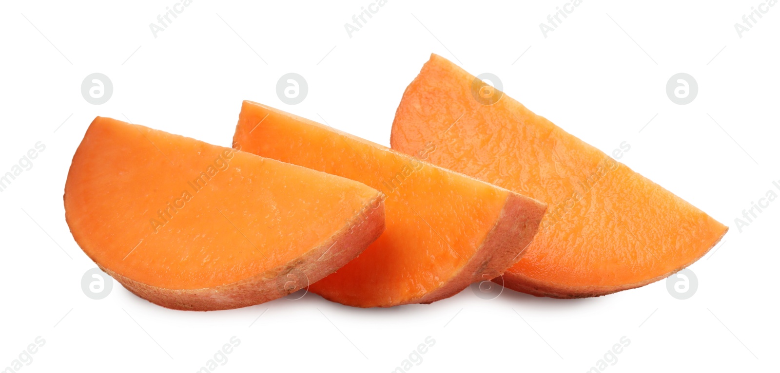 Photo of Pieces of raw sweet potato isolated on white