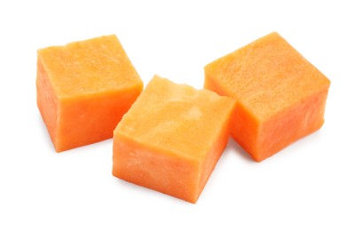 Photo of Pieces of raw sweet potato isolated on white