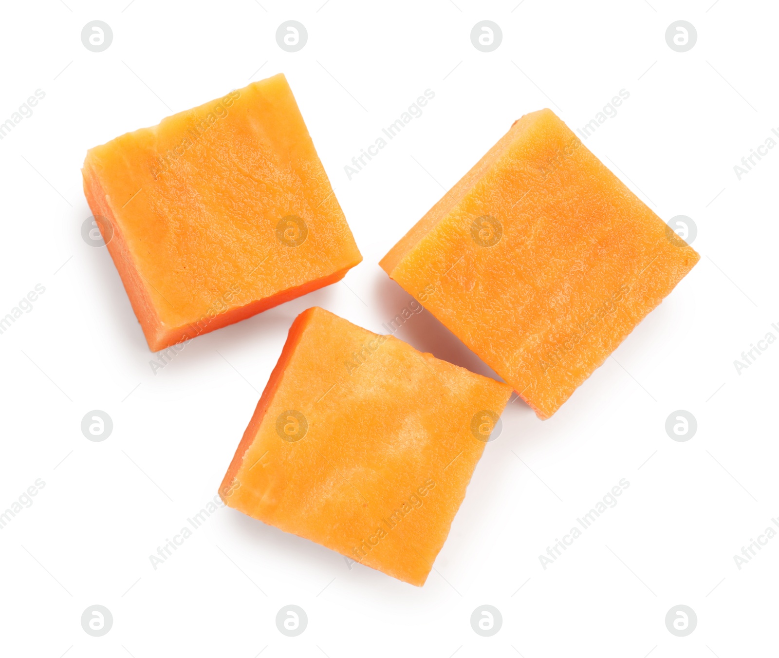 Photo of Pieces of raw sweet potato isolated on white, top view