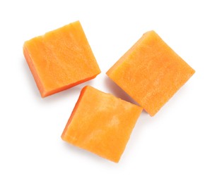 Photo of Pieces of raw sweet potato isolated on white, top view