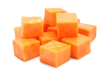 Photo of Pieces of raw sweet potato isolated on white