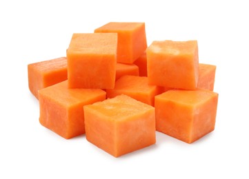 Photo of Pieces of raw sweet potato isolated on white