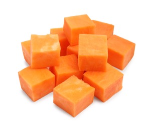 Photo of Pieces of raw sweet potato isolated on white