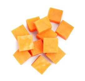 Photo of Pieces of raw sweet potato isolated on white, top view