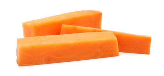 Photo of Pieces of raw sweet potato isolated on white