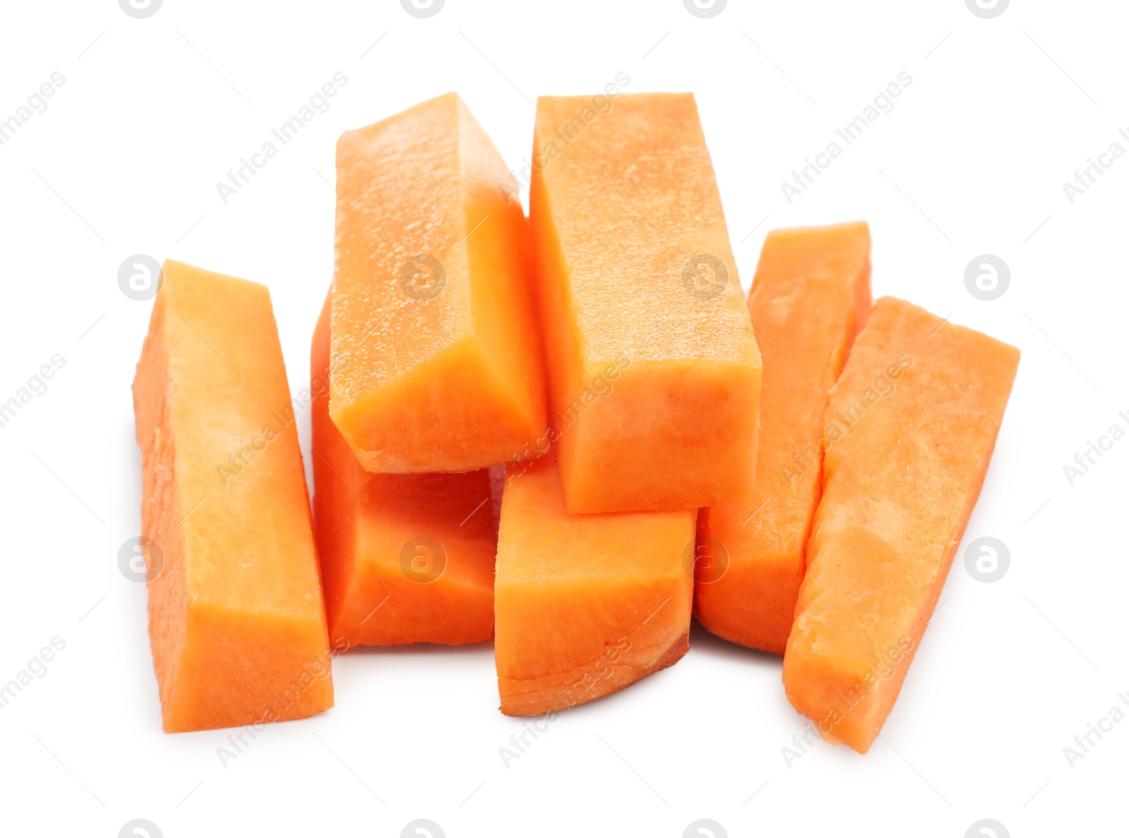 Photo of Pieces of raw sweet potato isolated on white