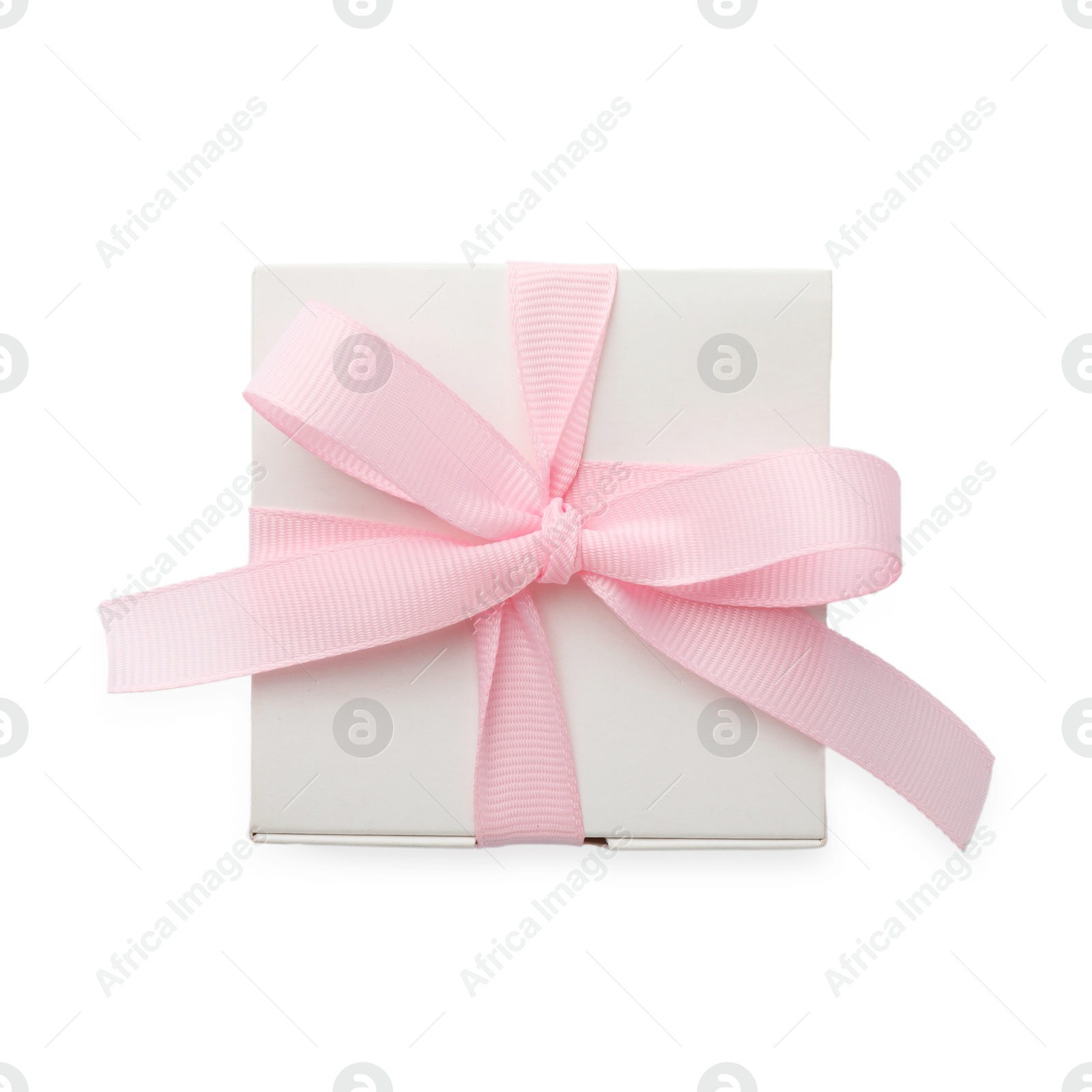 Photo of Beautiful gift box with pink bow isolated on white, top view