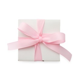 Photo of Beautiful gift box with pink bow isolated on white, top view