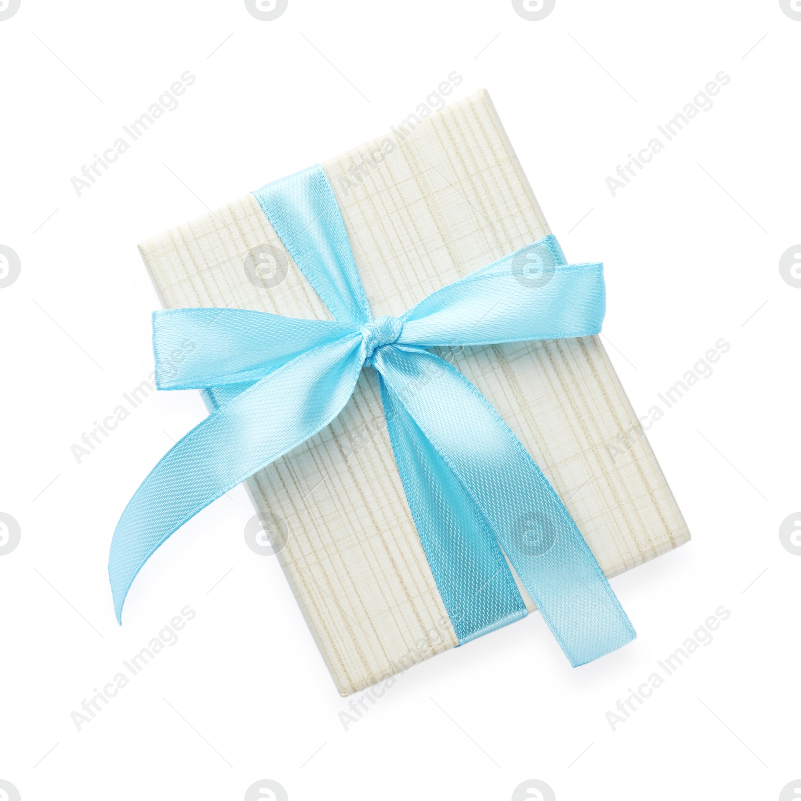 Photo of Beautiful gift box with light blue bow isolated on white