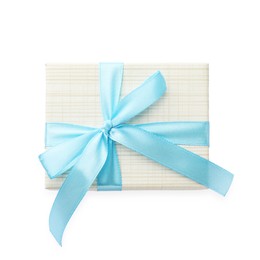 Photo of Beautiful gift box with light blue bow isolated on white