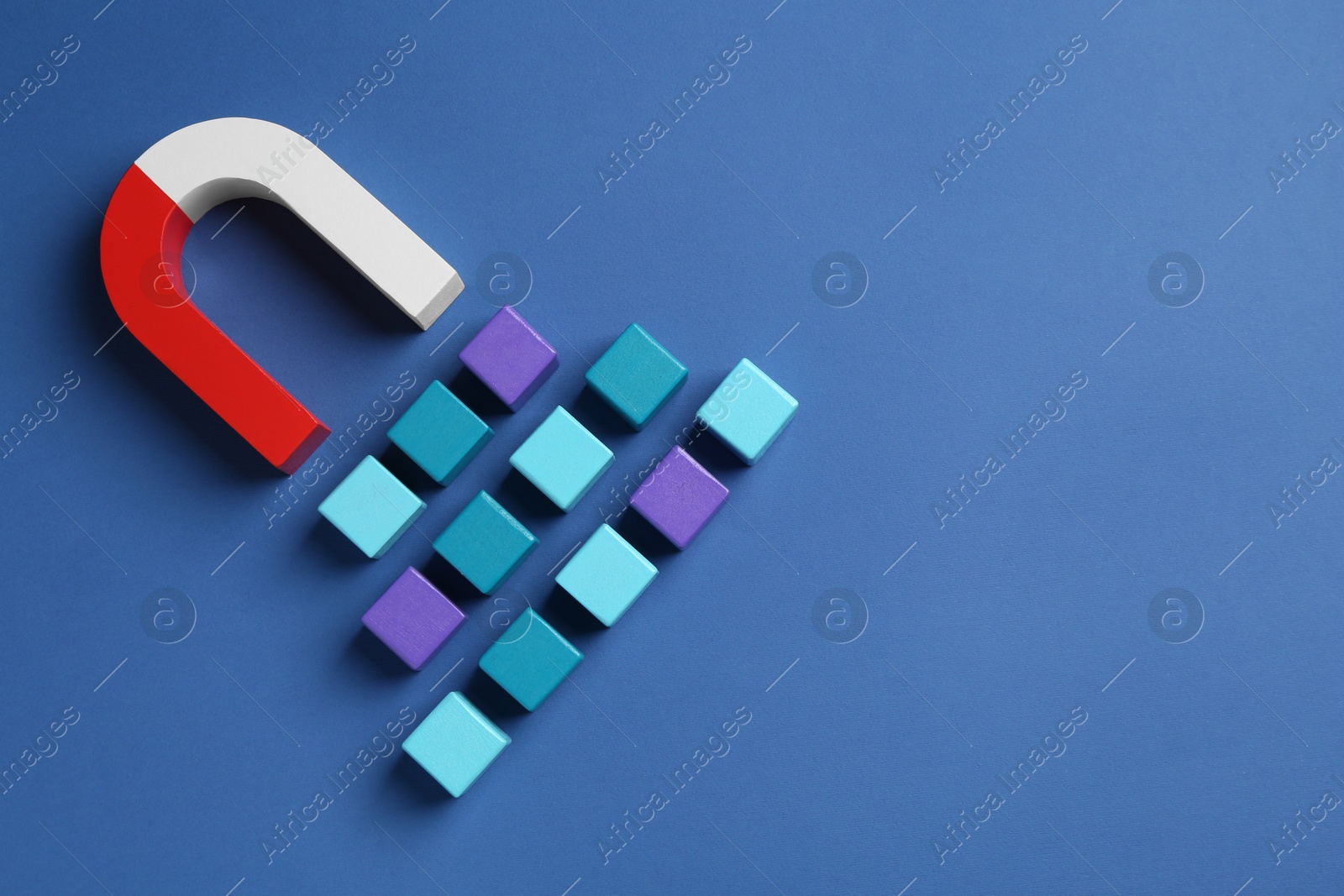 Photo of Magnet attracting colorful cubes on blue background, flat lay. Space for text