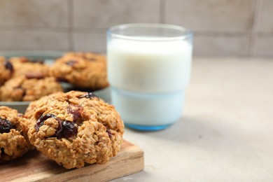 Photo of Delicious oatmeal cookies with raisins, nuts and milk on light grey table, closeup