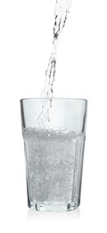 Photo of Pouring soda water into glass on white background