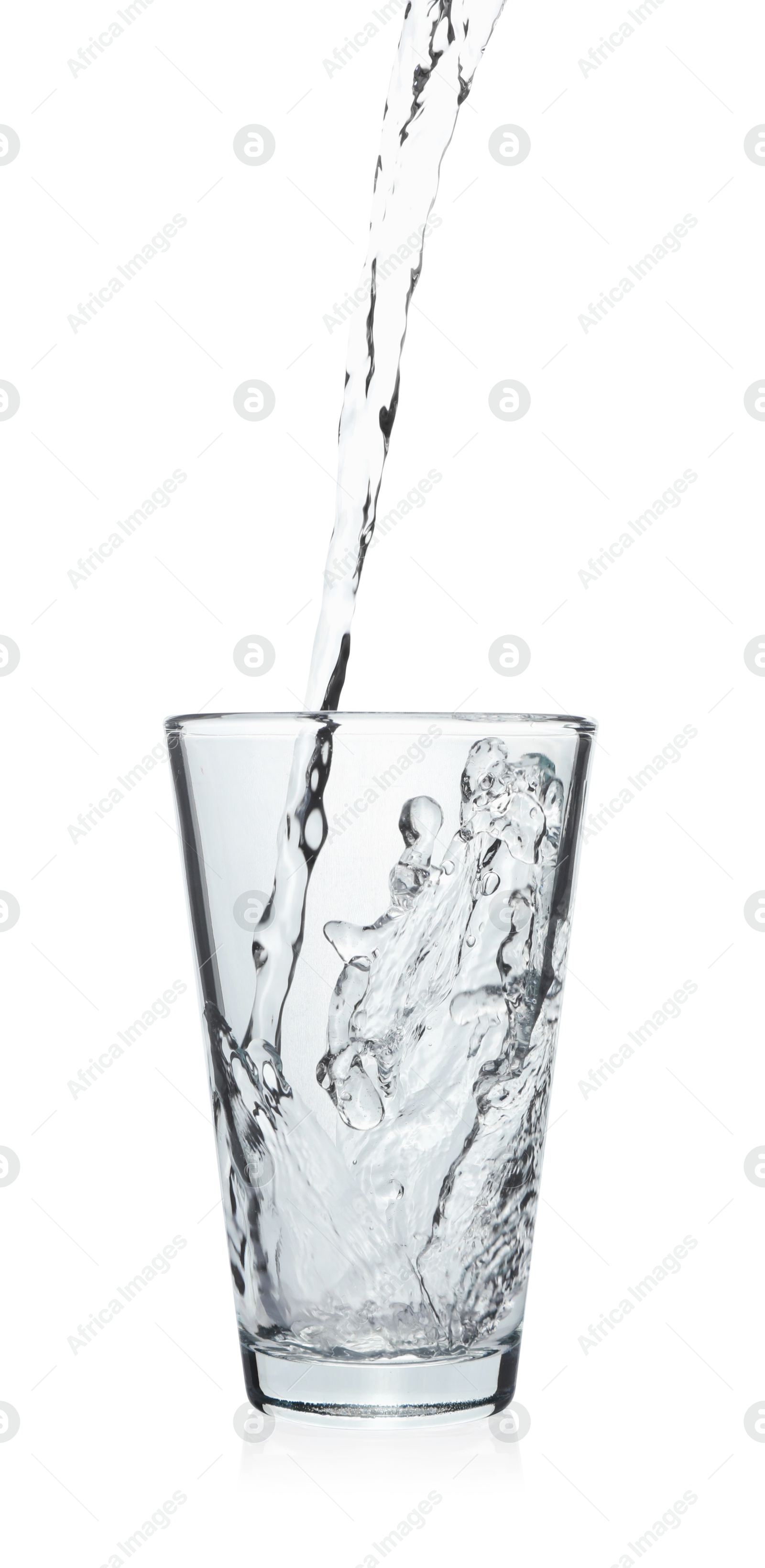 Photo of Pouring soda water into glass on white background