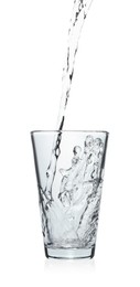 Photo of Pouring soda water into glass on white background