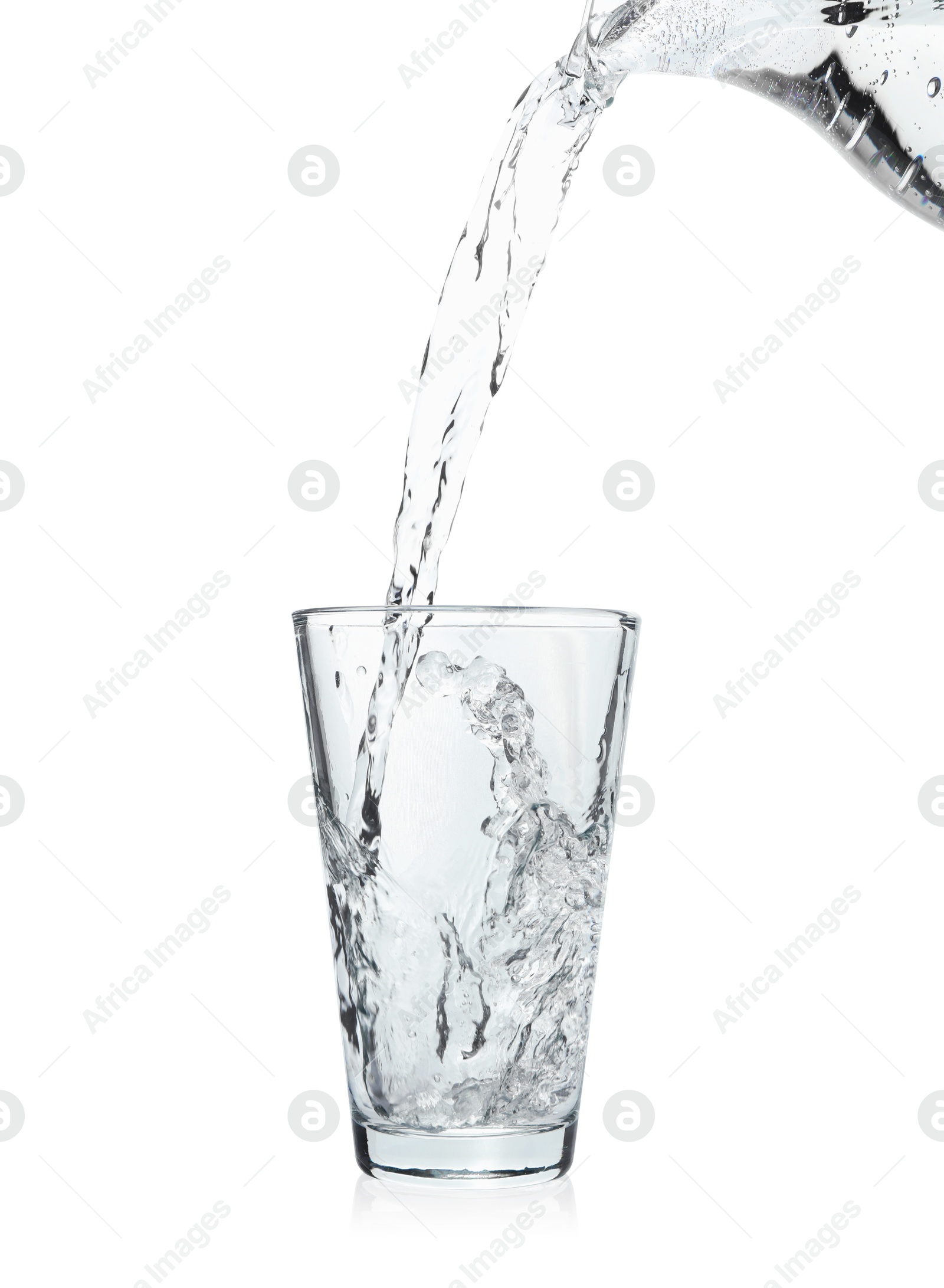 Photo of Pouring soda water from jug into glass on white background