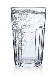 Photo of Pouring soda water from bottle into glass on white background