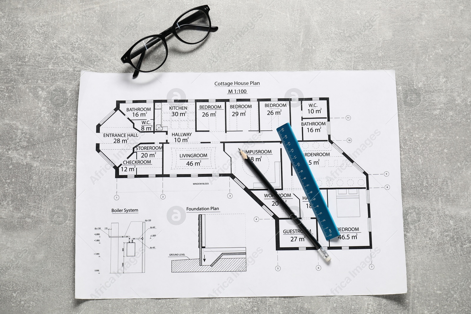 Photo of Different engineering drawings, glasses, pencil and ruler on grey textured table, flat lay