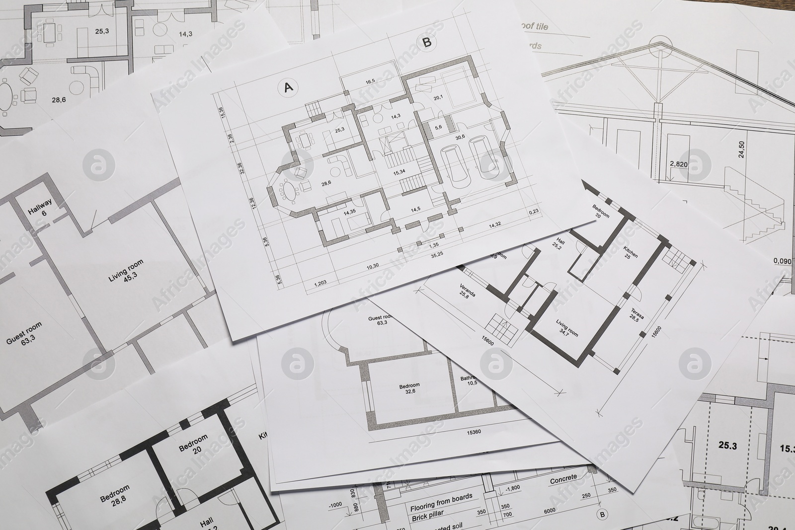 Photo of Different architectural drawings as background, top view