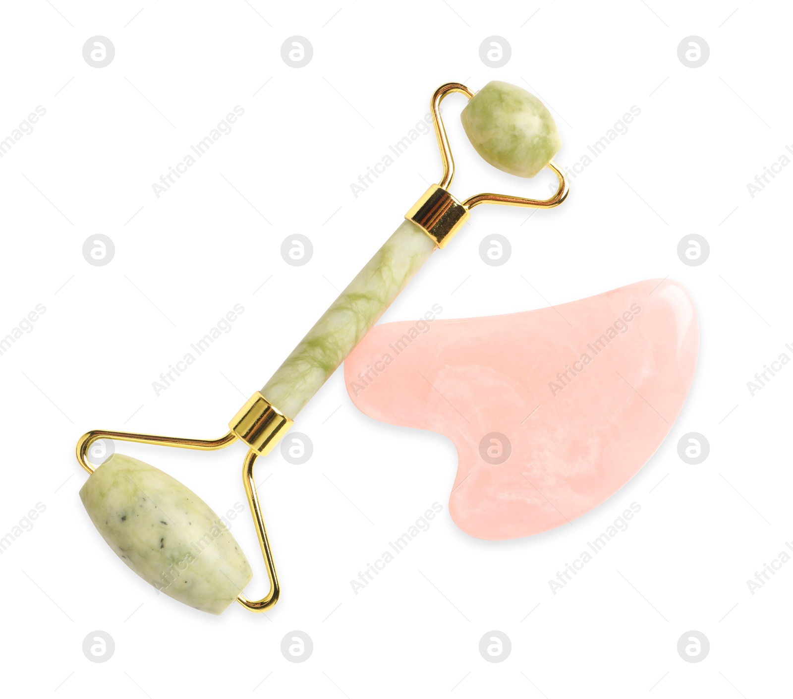 Photo of Face roller and gua sha tool isolated on white, top view