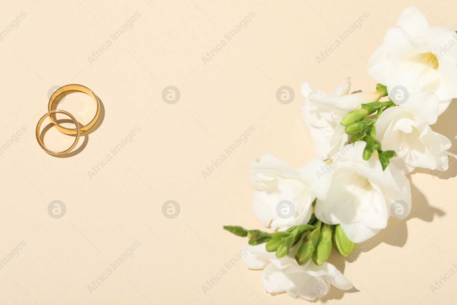 Photo of Golden wedding rings and flowers on beige background, above view. Space for text