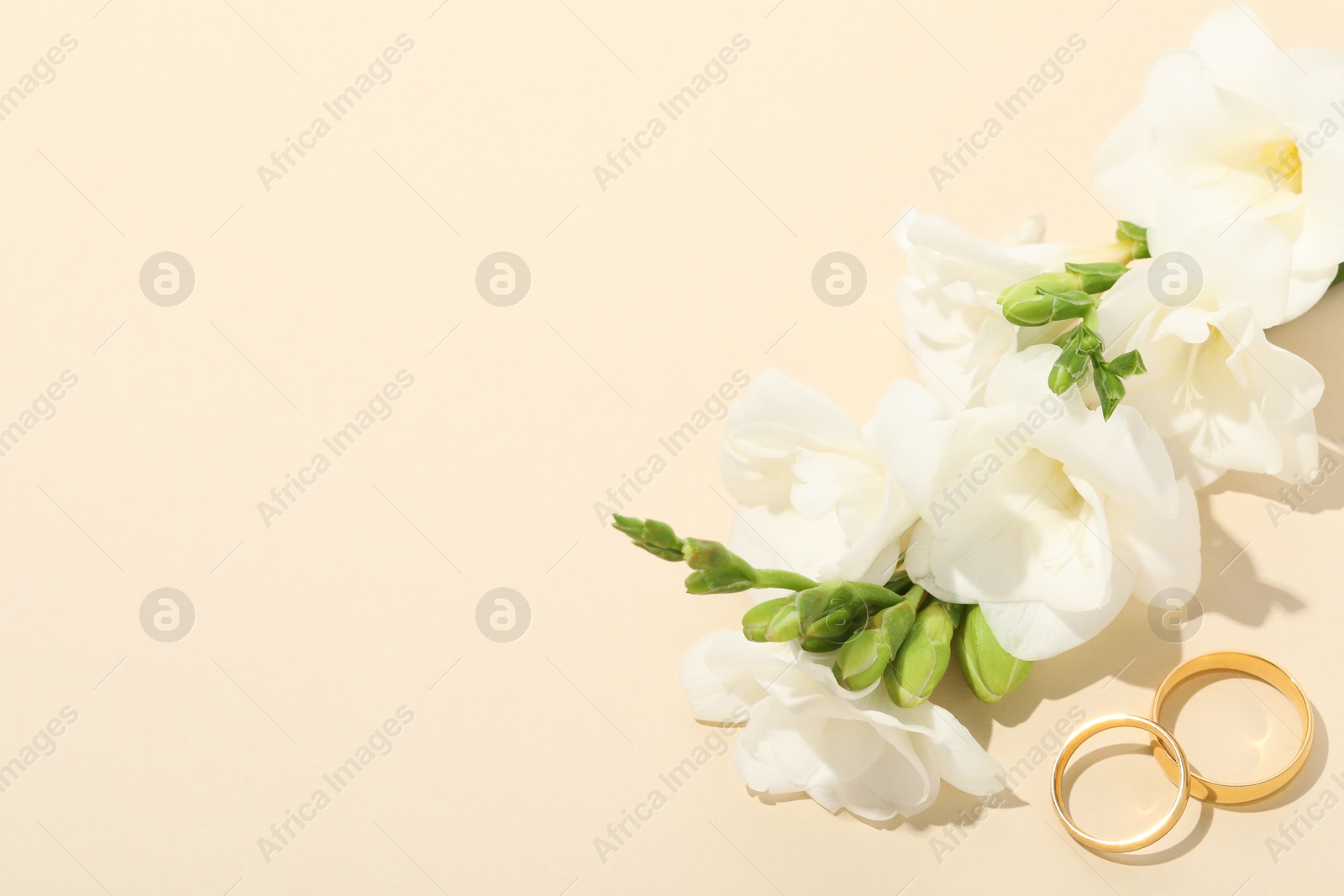 Photo of Golden wedding rings and flowers on beige background, above view. Space for text