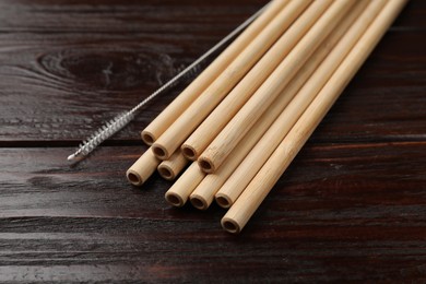 Photo of Bamboo drinking straws and cleaning brush on wooden table, closeup