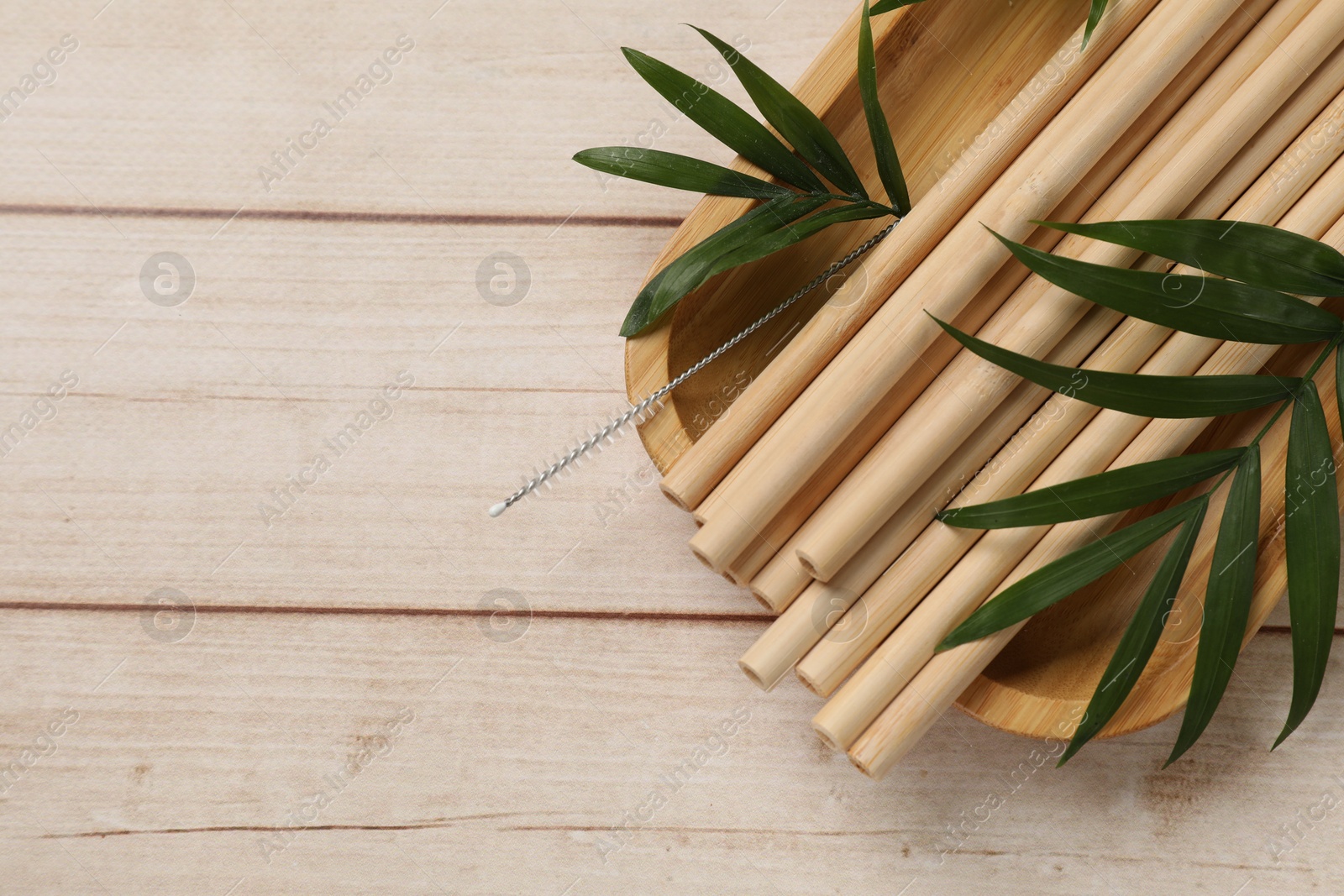 Photo of Bamboo drinking straws, cleaning brush and palm leaves on wooden table, top view. Space for text