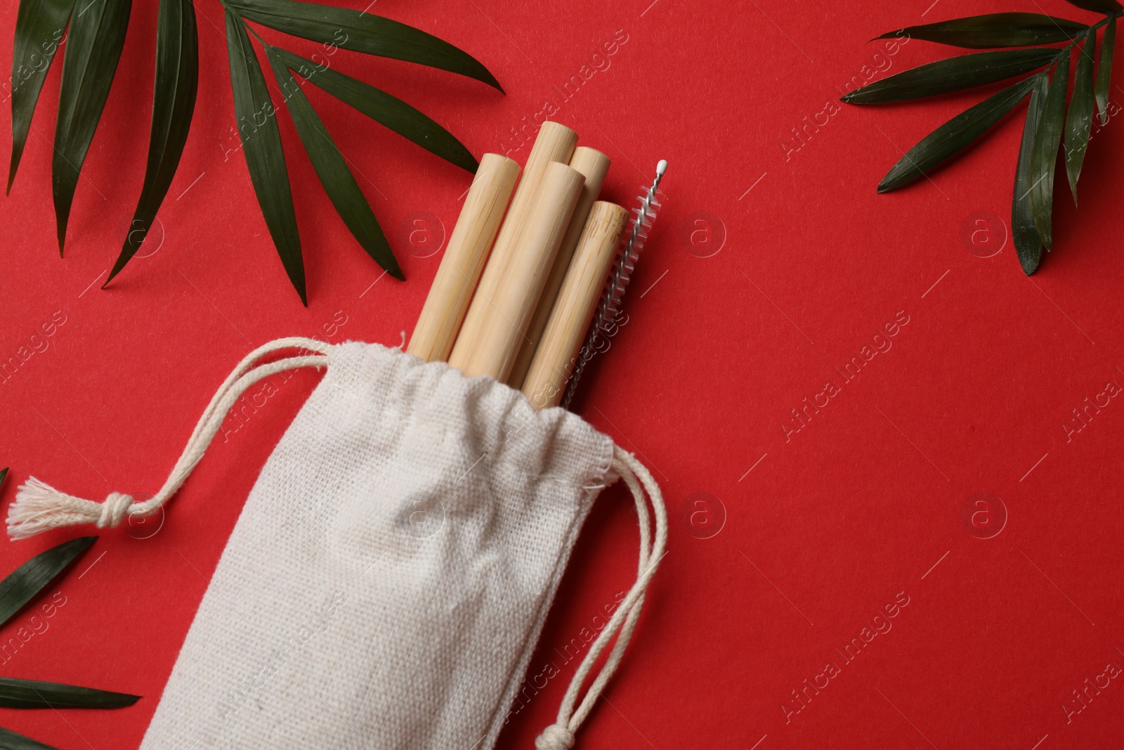 Photo of Bamboo drinking straws with cleaning brush in bag and palm leaves on red background, top view. Space for text