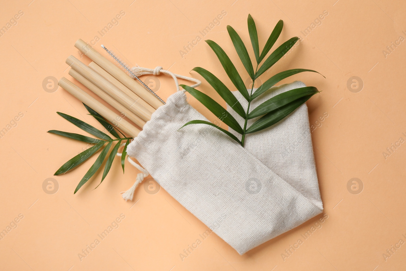 Photo of Bamboo drinking straws with cleaning brush in bag and palm leaves on beige background, top view