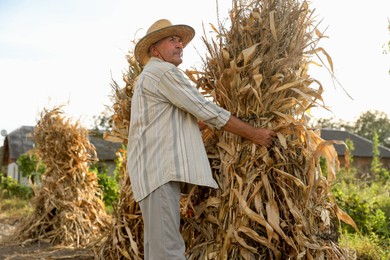 Senior man in straw hat with pile of hay outdoors