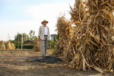 Photo of Senior man near piles of hay outdoors