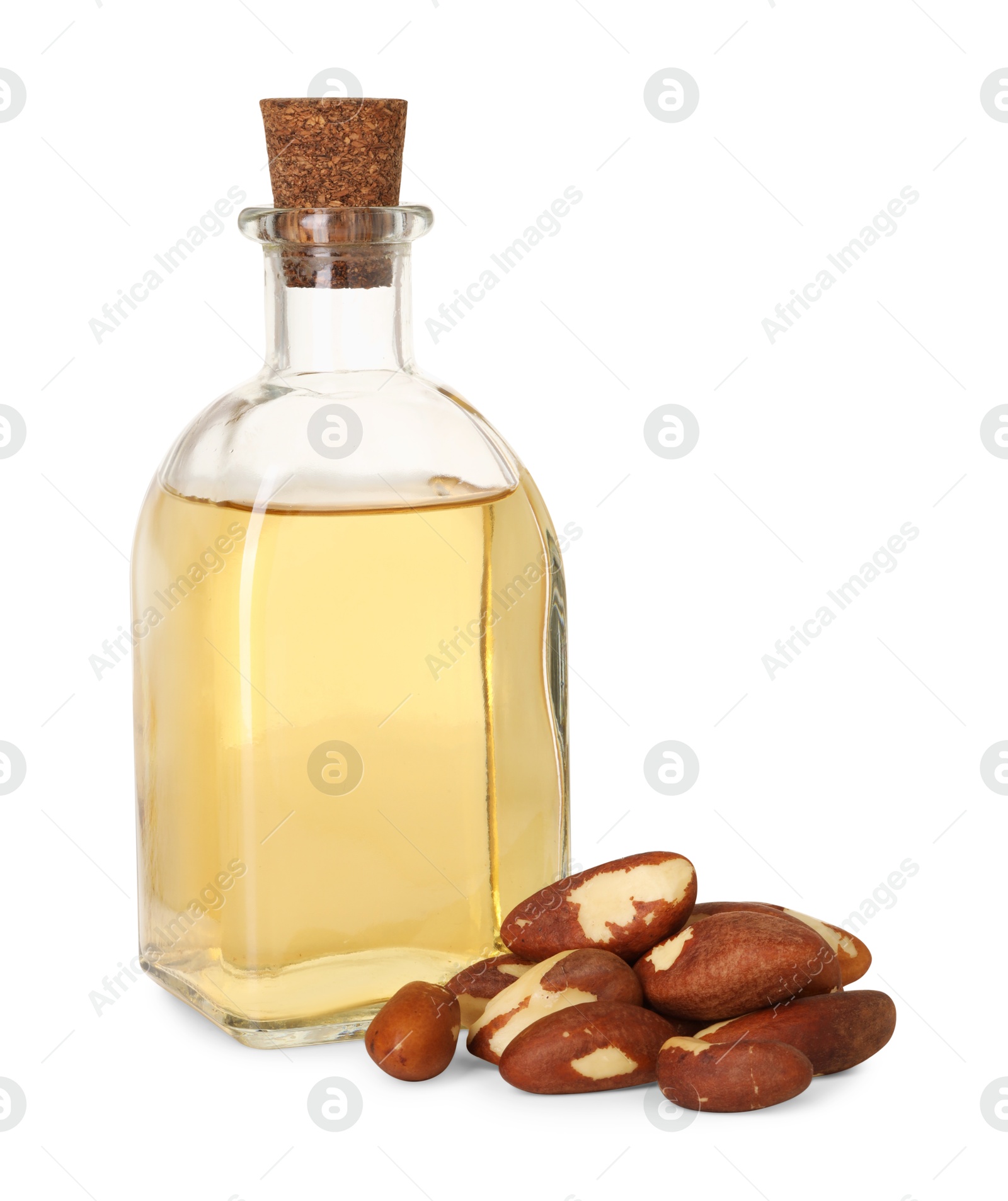 Photo of Tasty Brazil nuts and bottle with oil isolated on white