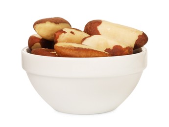 Photo of Tasty Brazil nuts in bowl isolated on white