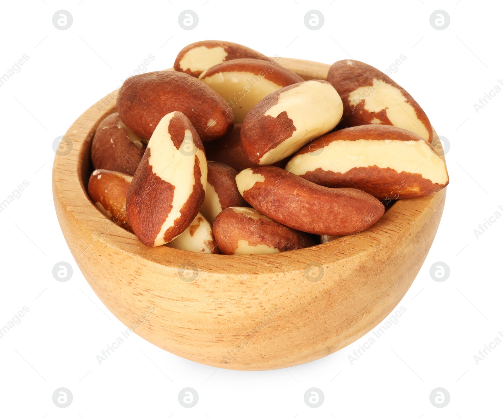 Photo of Tasty Brazil nuts in bowl isolated on white