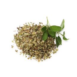 Photo of Dried oregano and green leaves isolated on white