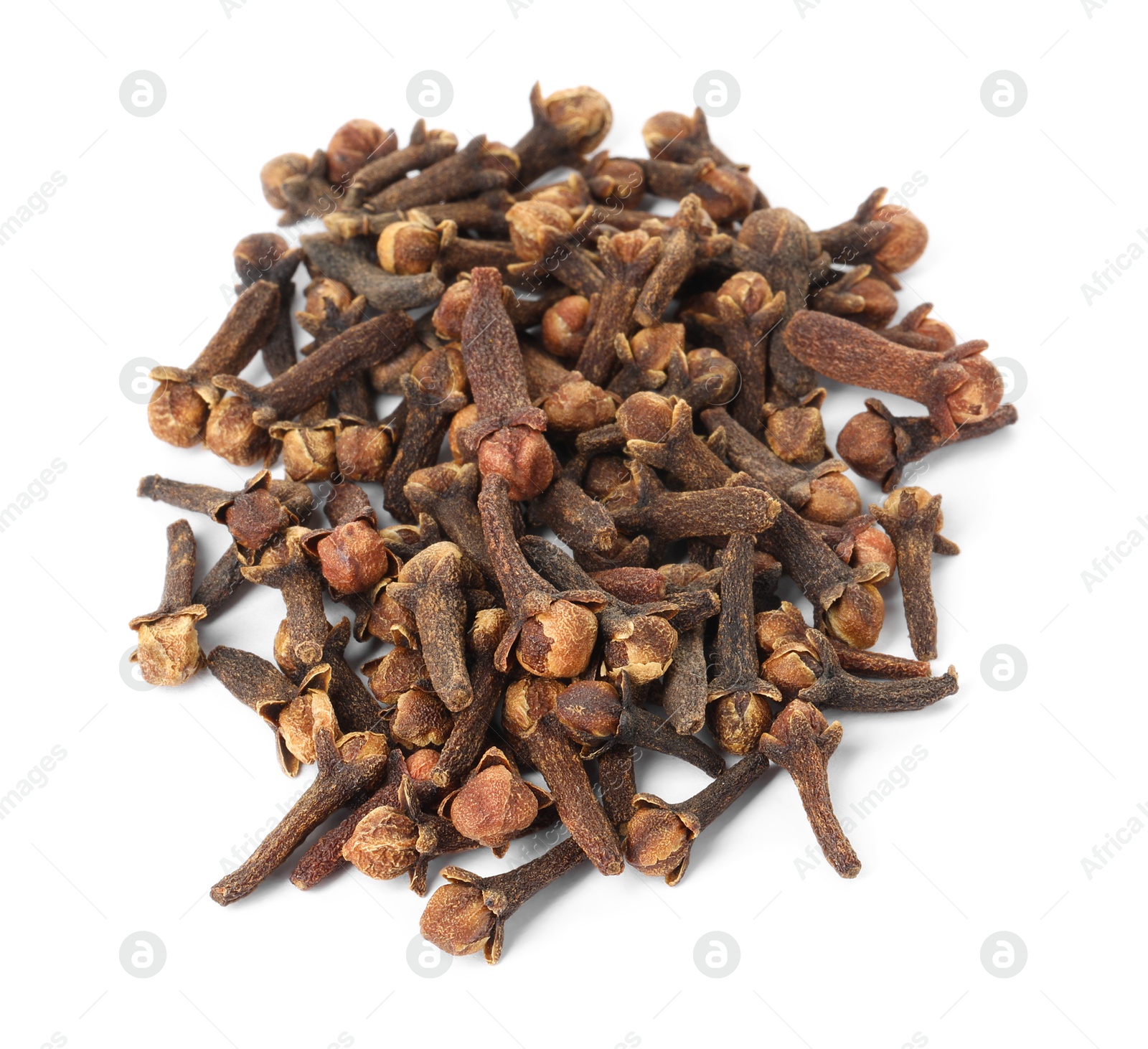 Photo of Pile of dry clove buds on white background. Aromatic spice