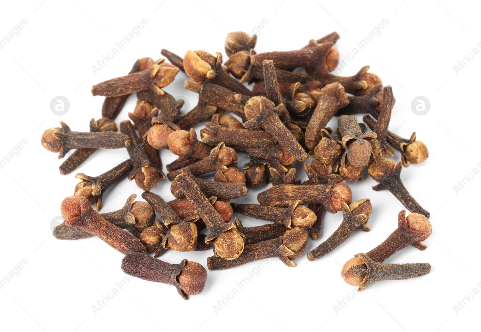 Photo of Pile of dry clove buds on white background. Aromatic spice