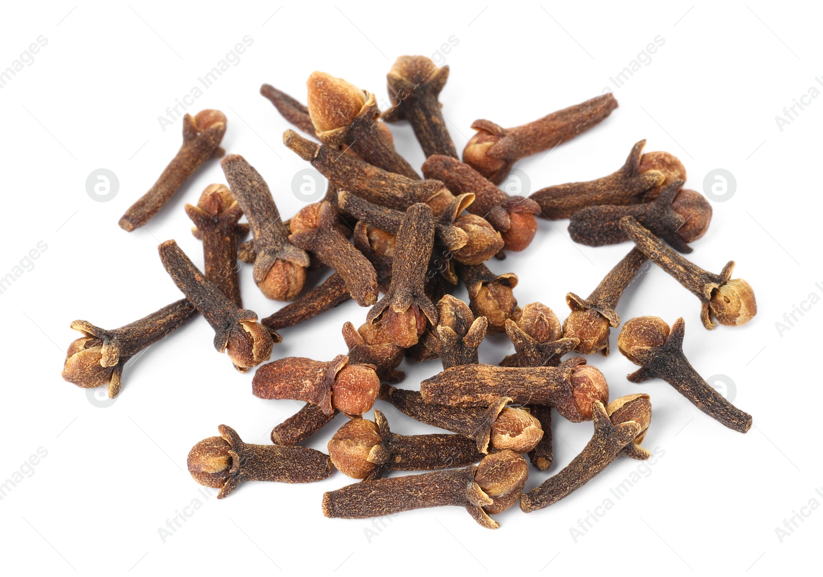 Photo of Pile of dry clove buds on white background. Aromatic spice