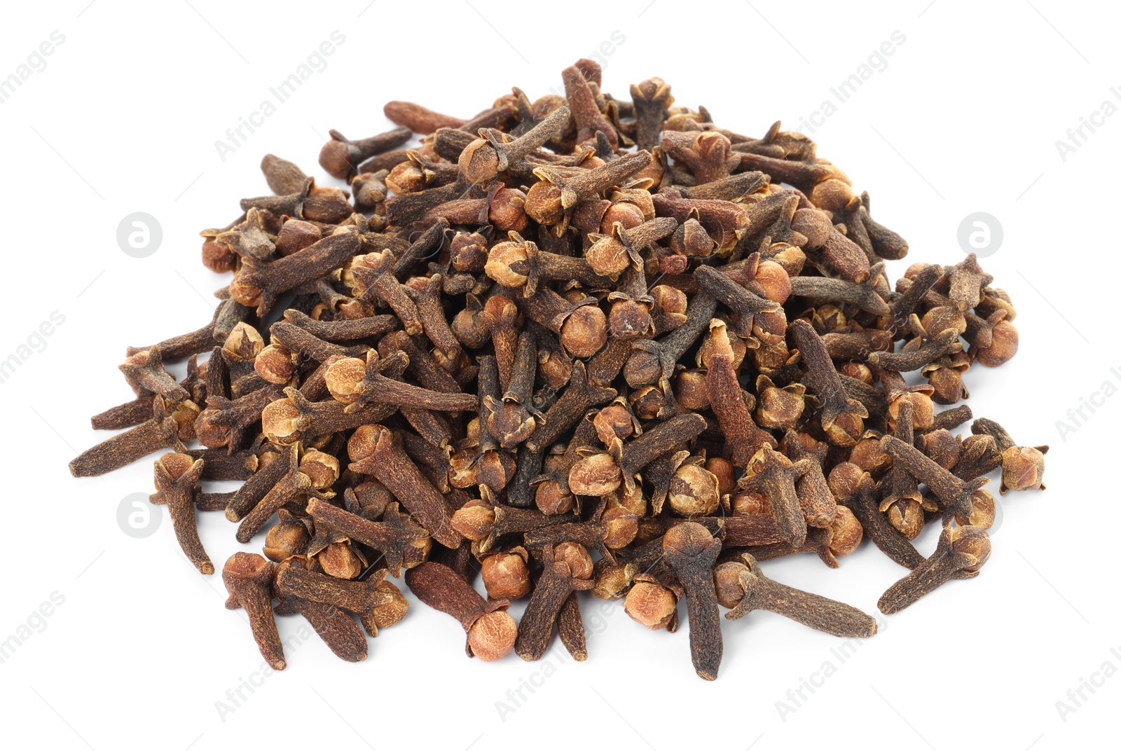 Photo of Pile of dry clove buds on white background. Aromatic spice