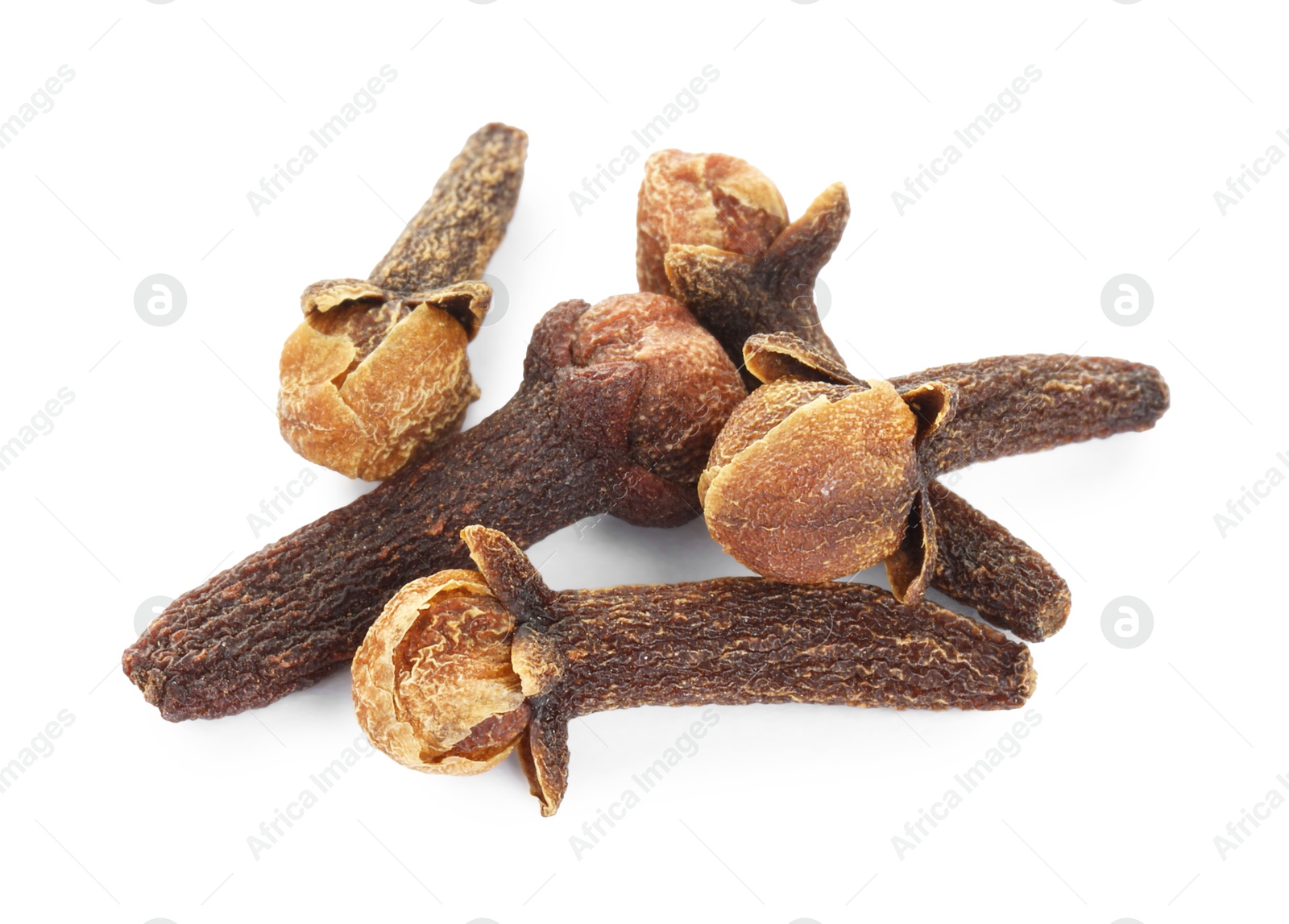 Photo of Dry clove buds on white background. Aromatic spice