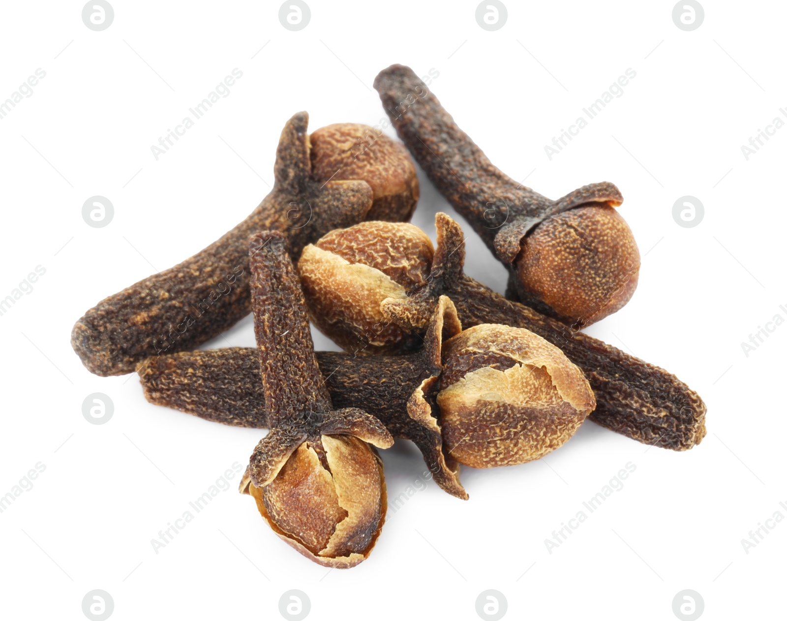 Photo of Dry clove buds on white background. Aromatic spice