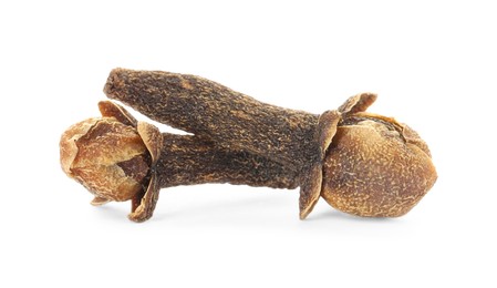 Photo of Dry clove buds on white background. Aromatic spice