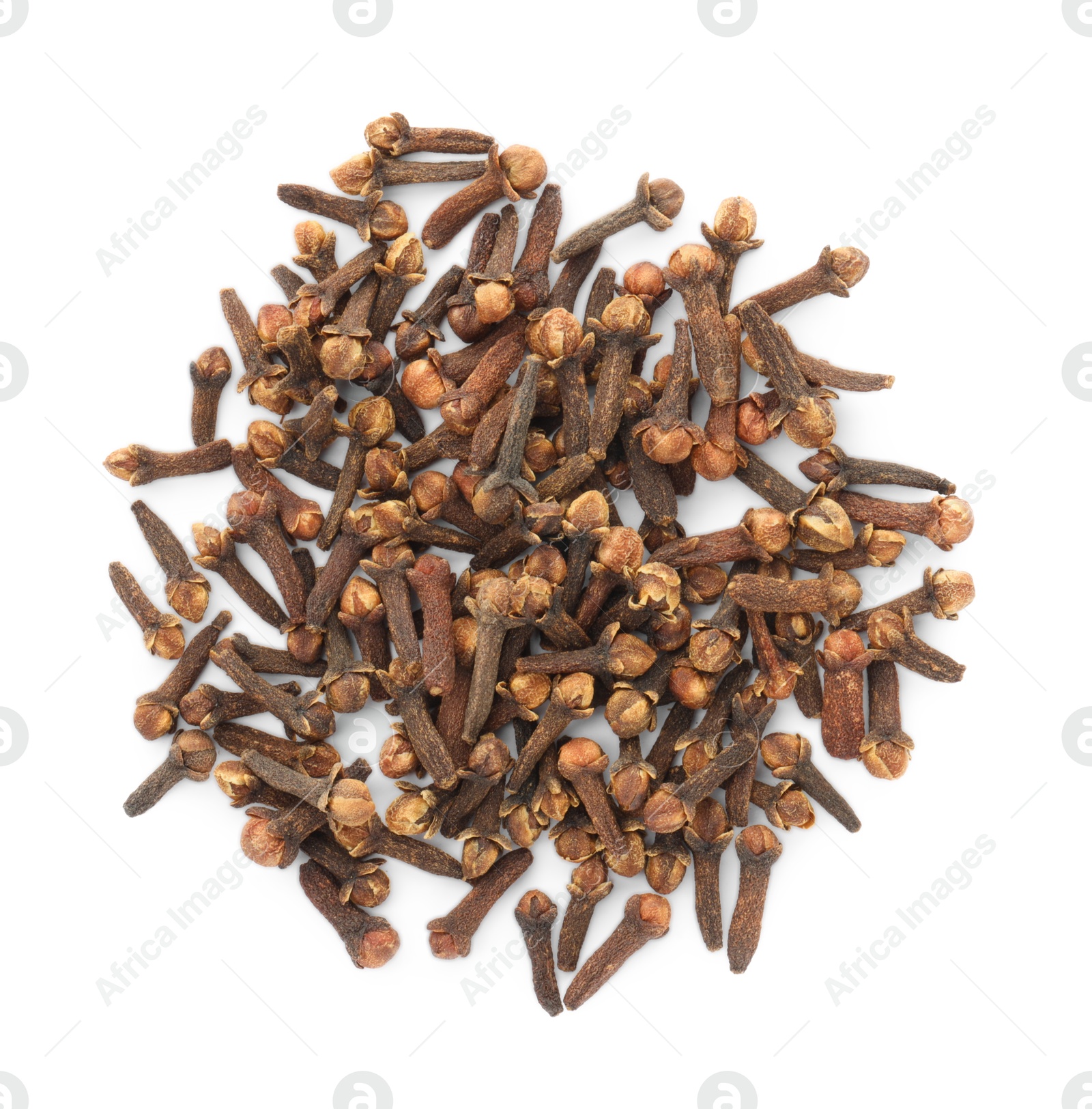 Photo of Pile of dry clove buds on white background, top view. Aromatic spice