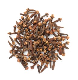 Photo of Pile of dry clove buds on white background, top view. Aromatic spice