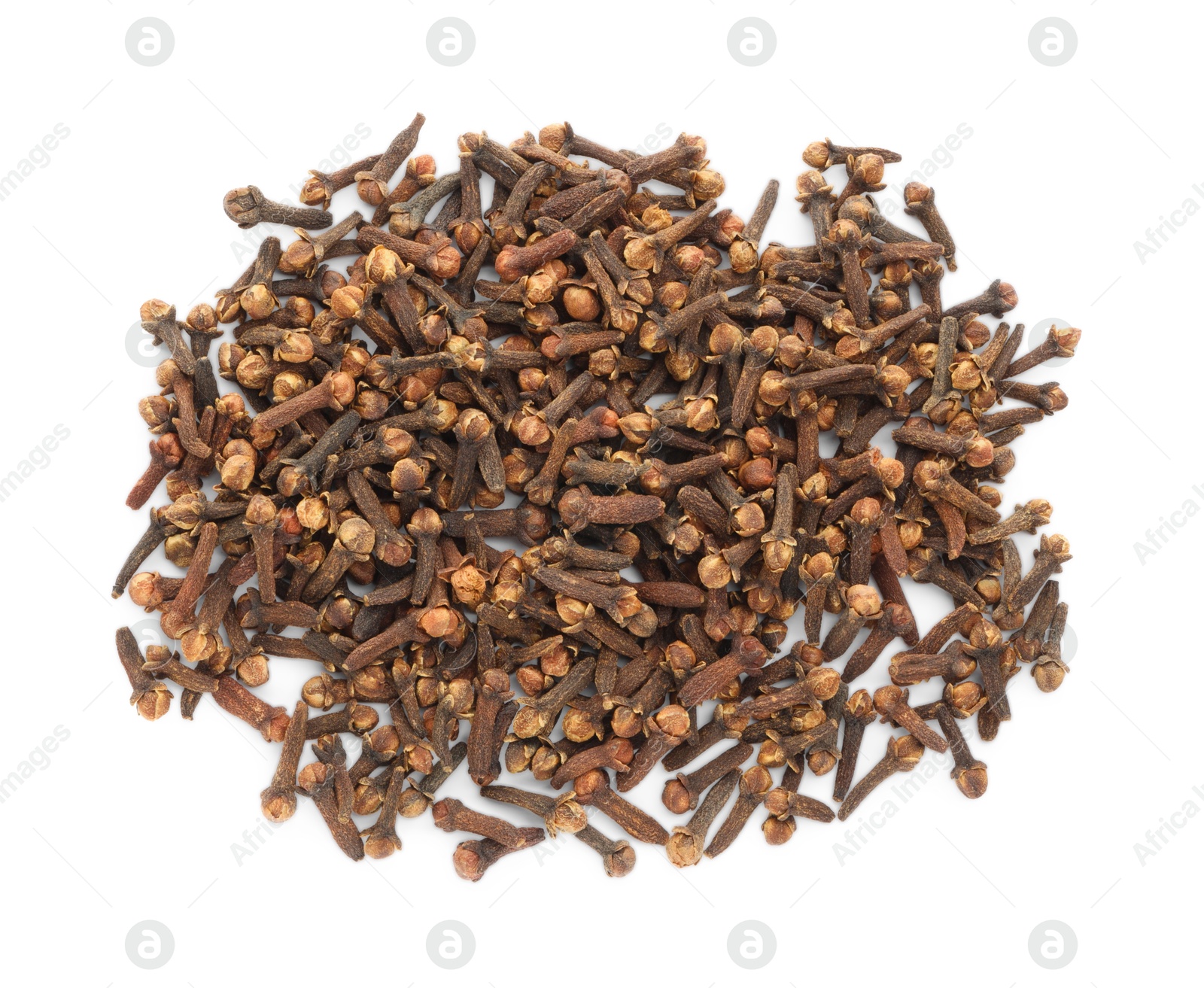 Photo of Pile of dry clove buds on white background, top view. Aromatic spice