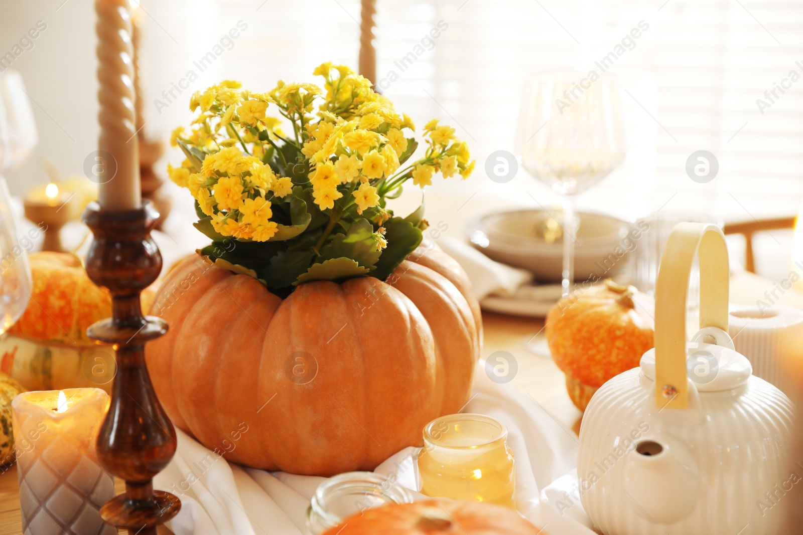 Photo of Autumn place setting with burning candles, flowers, teapot and pumpkins on table in dining room