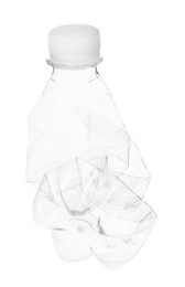 Photo of One crumpled plastic bottle isolated on white