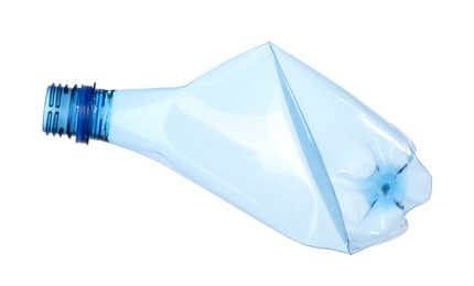 Photo of One crumpled plastic bottle isolated on white